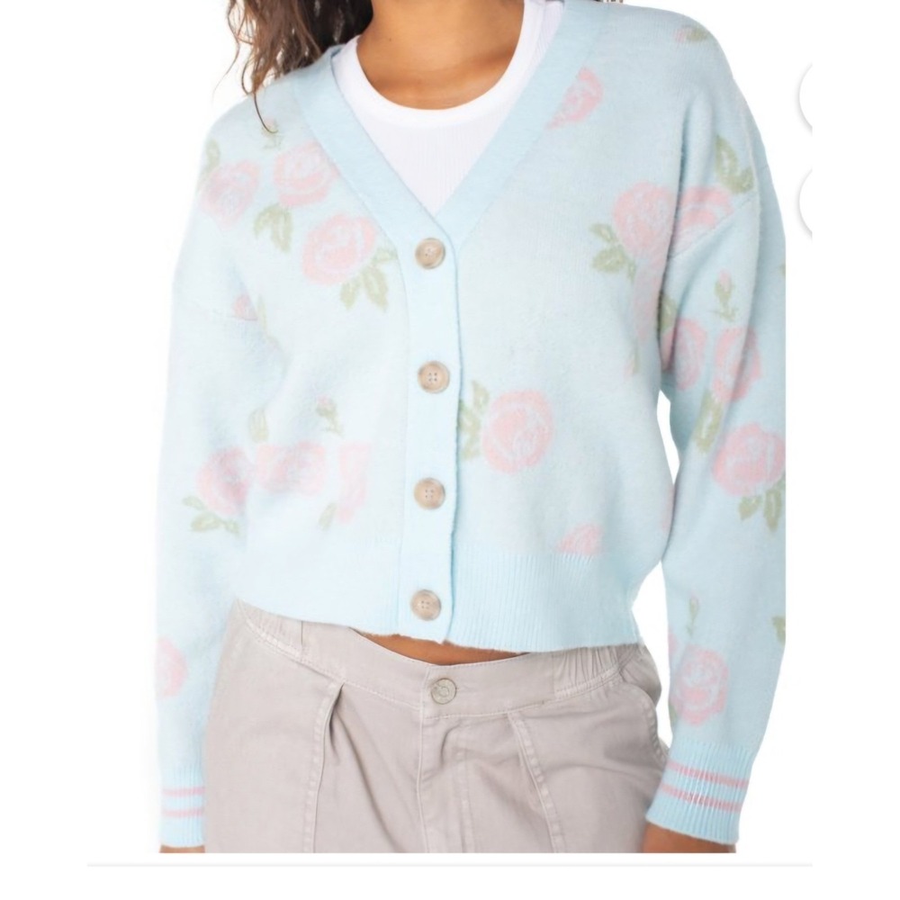 Celebrity Blue Floral Rose Cardigan Sweater V-Neck Lrg Cottagecore Fairycore